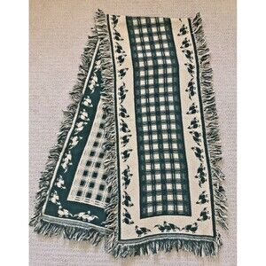 VINTAGE Woven Table Runner Green Beige Goose Ducks Fringe Reversible 17x35 80s